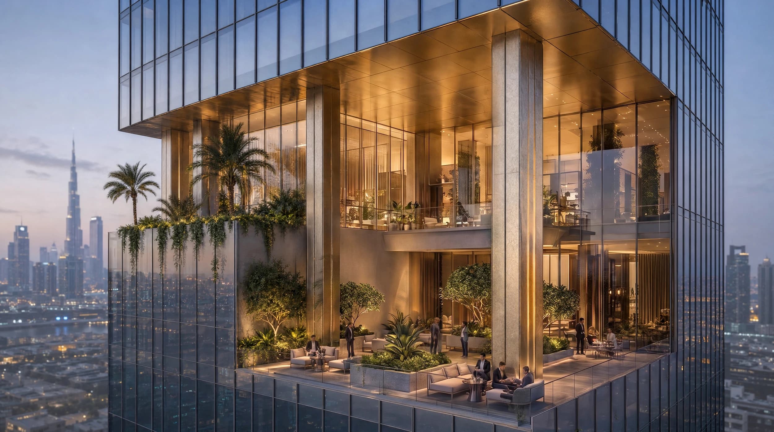 Glass tower with a lit, landscaped sky terrace and lounge, with the Dubai skyline at dusk behind