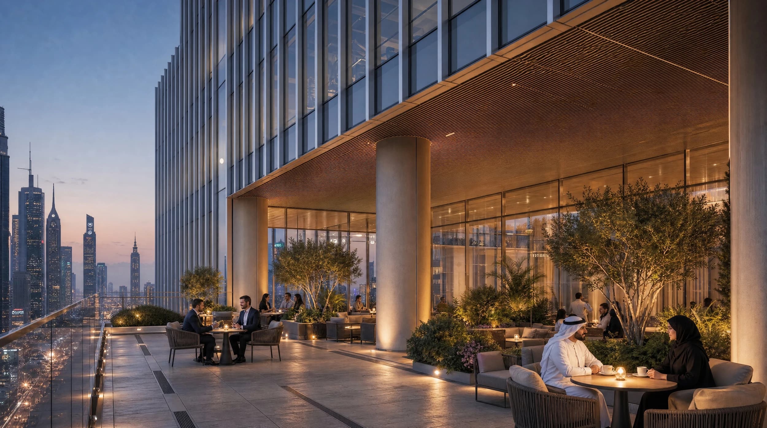 Terrace café under a timber canopy with olive trees and the city skyline