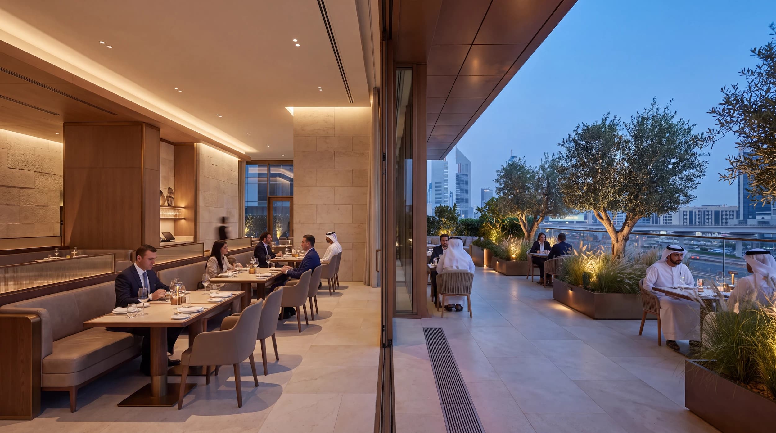 Restaurant dining room opening onto a planted terrace with views of the city