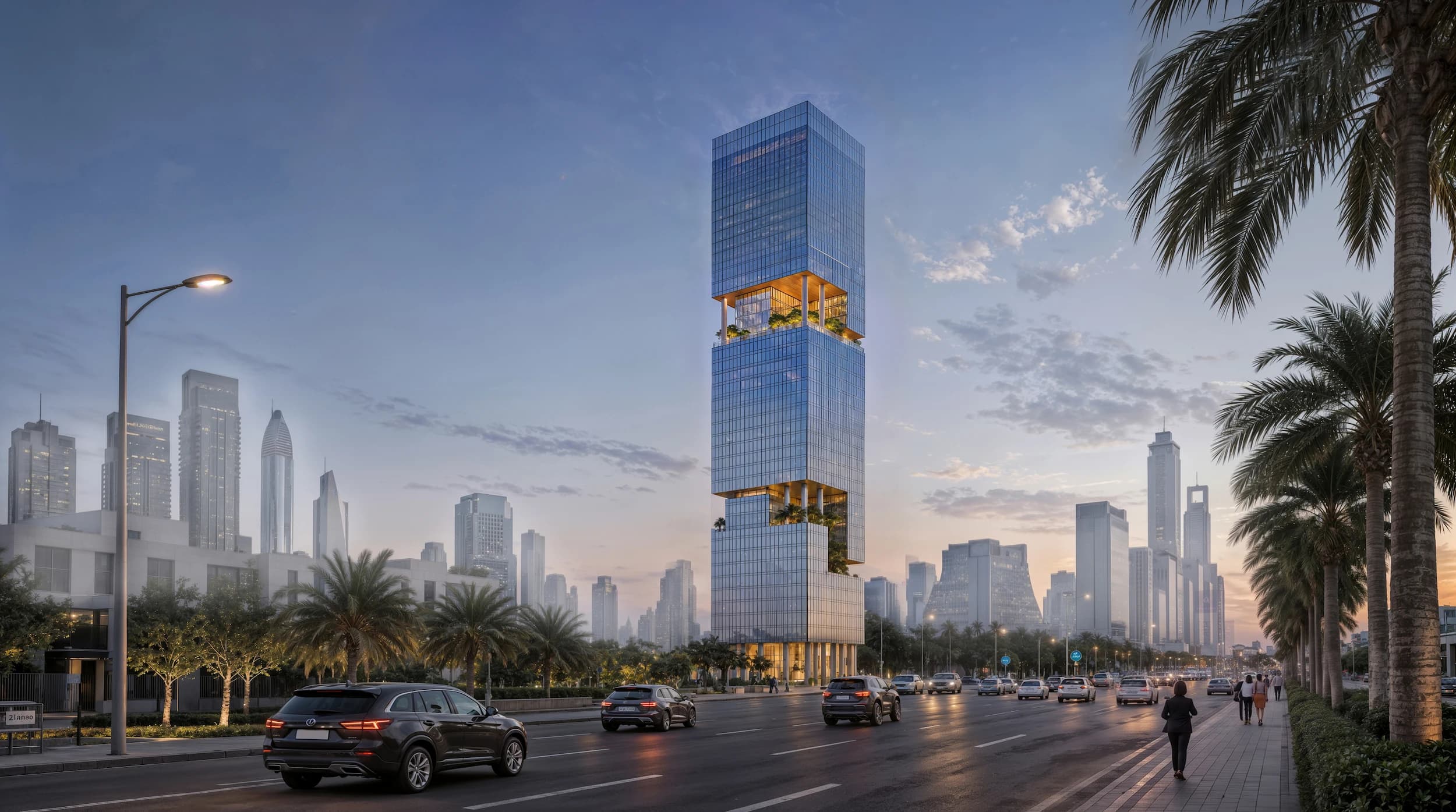 The glass tower with stacked sky gardens rising above a Dubai boulevard at dusk