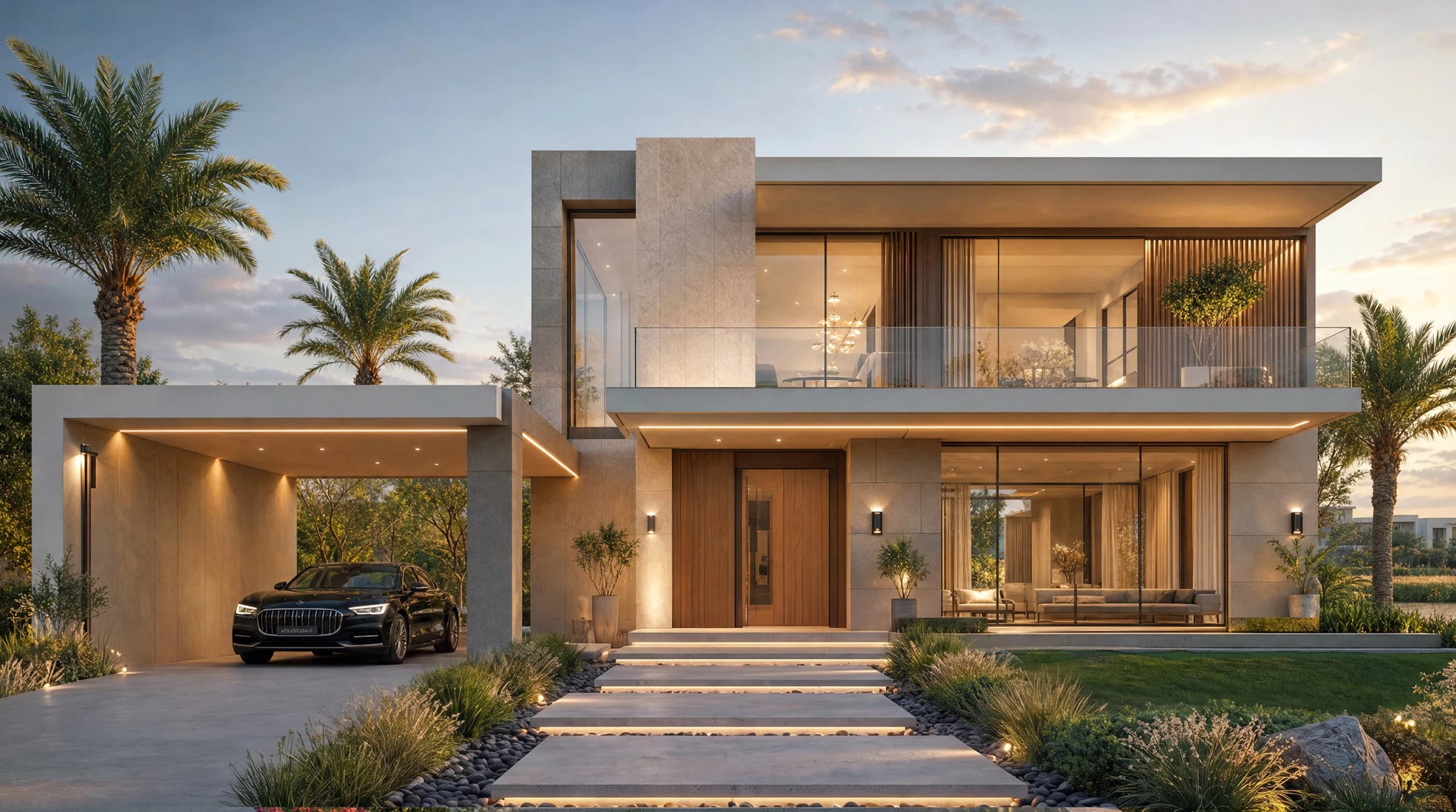 Two-storey villa with a carport, timber entrance door and a lit stepped path at dusk
