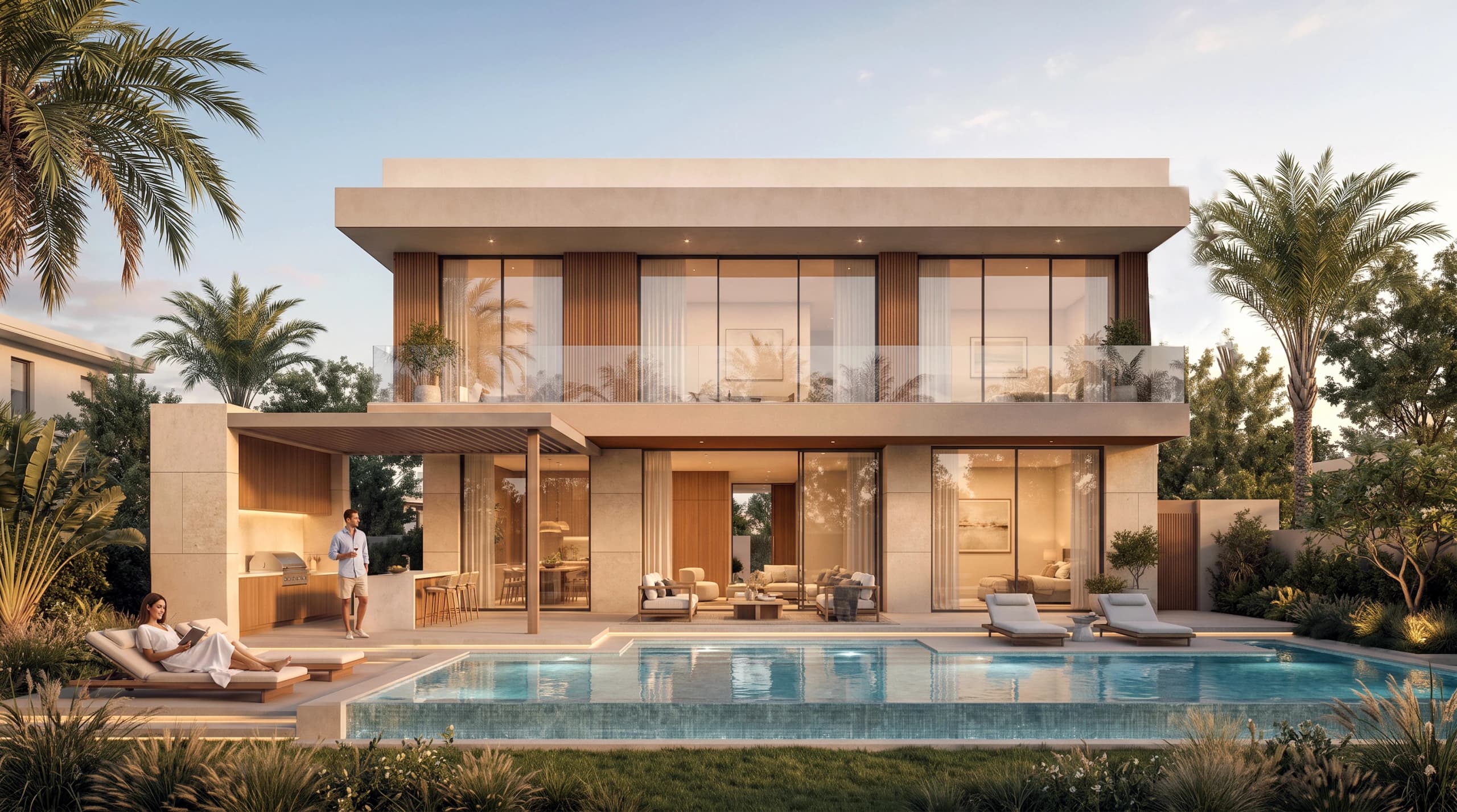 Villa terrace with a swimming pool, sun loungers and an outdoor kitchen at golden hour