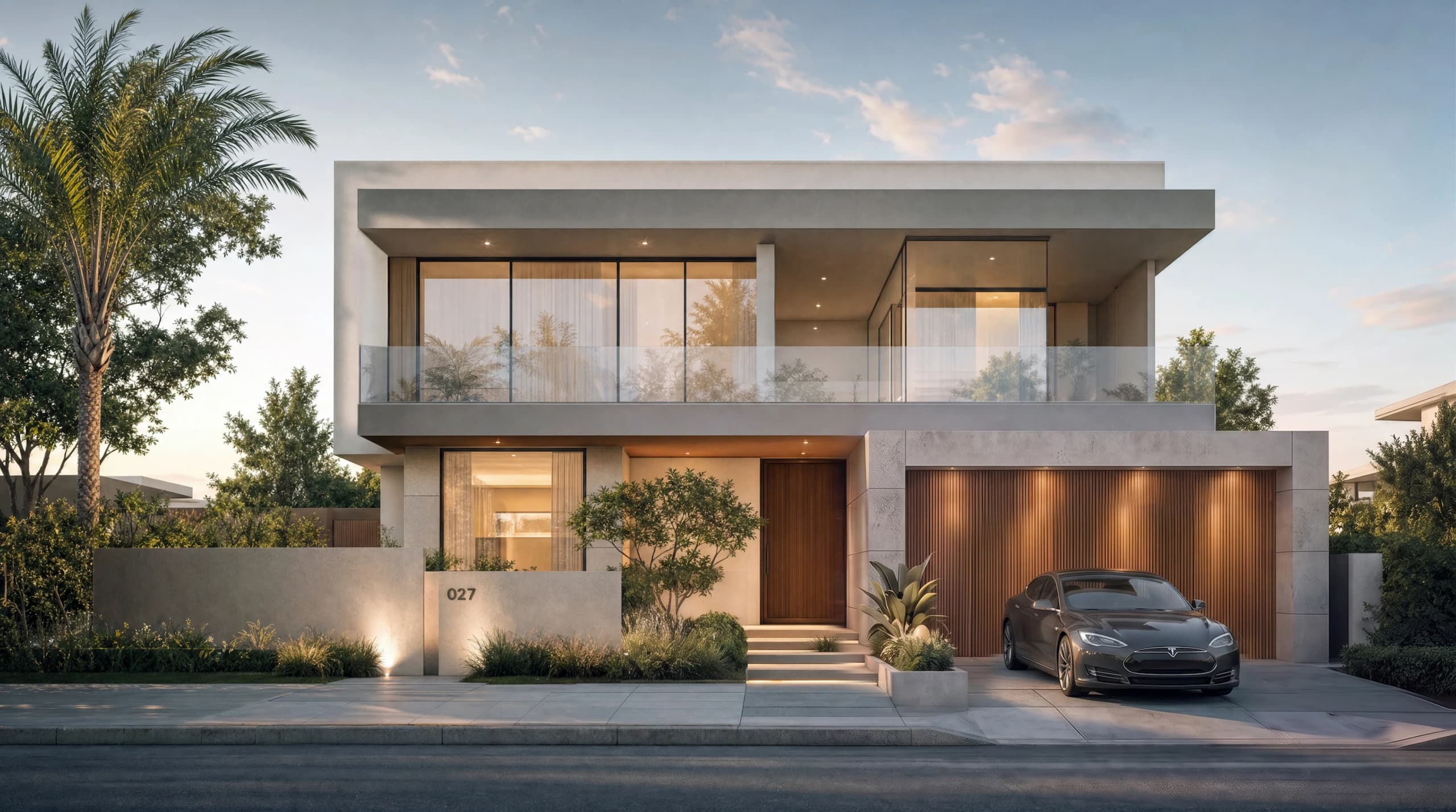 Modern villa with a timber-clad garage door and glass balcony on a landscaped street