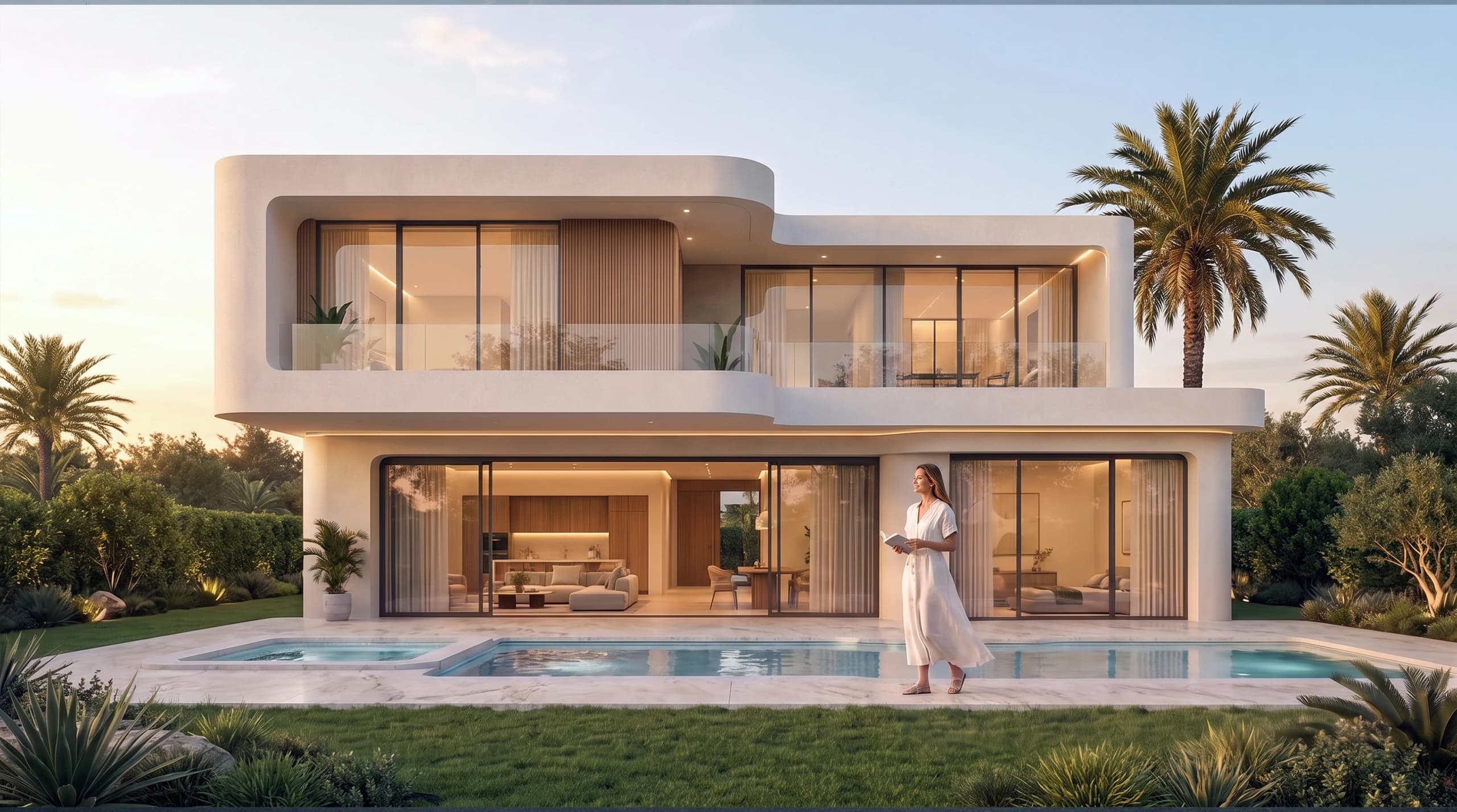 Curved white villa with a pool and a woman walking through the garden at sunset