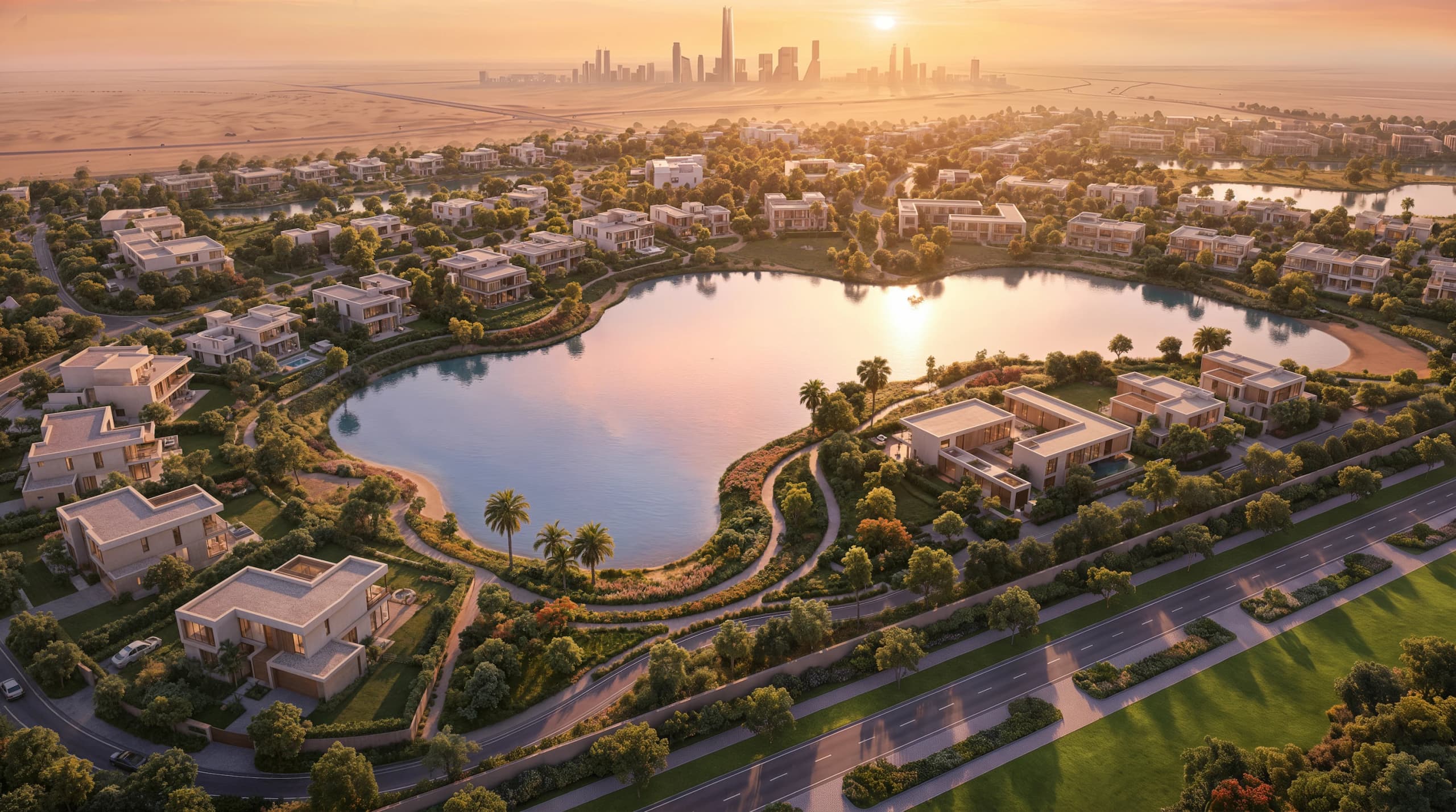 Aerial view of the masterplan: villas around a central lake at sunset, with a city skyline on the horizon