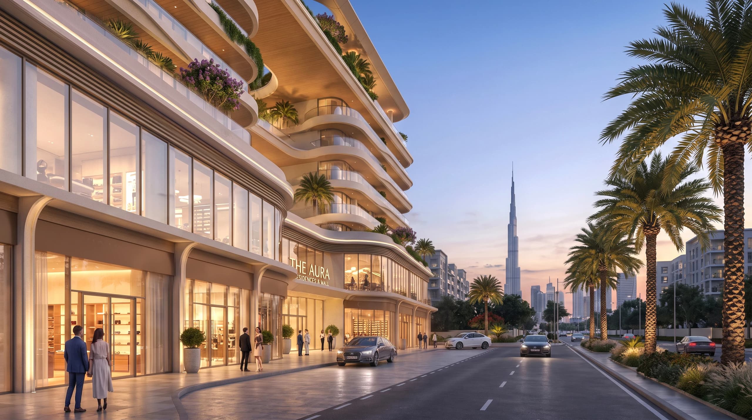 Street view of the retail frontage and curved residential floors, with palm trees and the Dubai skyline at dusk