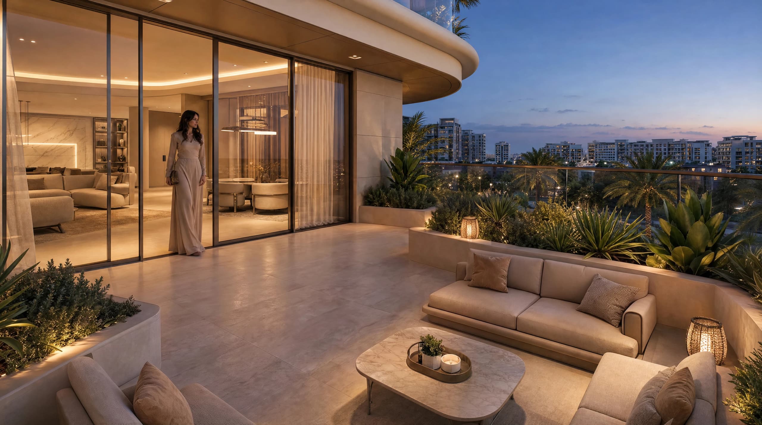 Apartment terrace with sofa seating and a woman stepping out of the living room, overlooking city lights