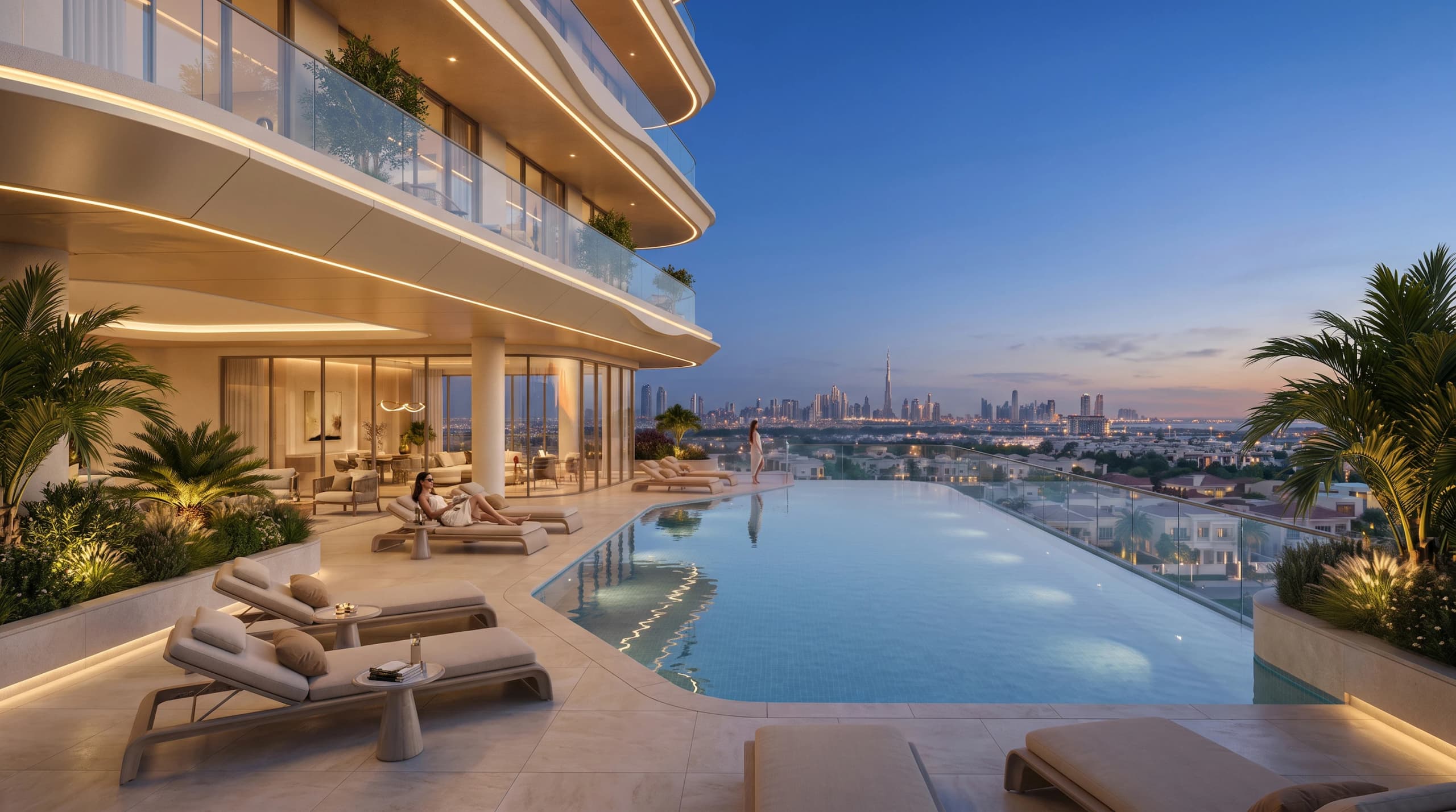 Rooftop infinity pool with sun loungers and a view across Dubai at dusk