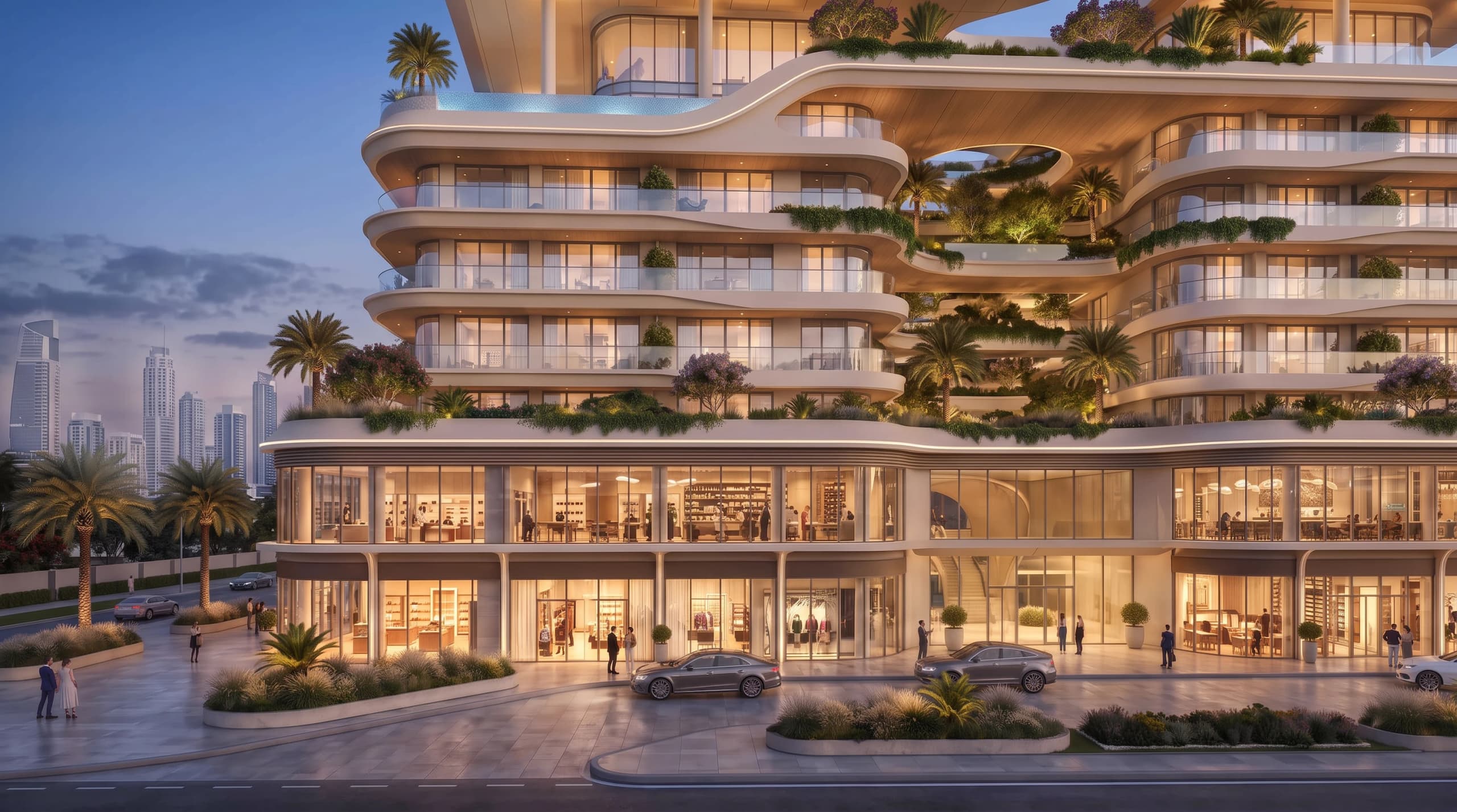 Retail podium and terraced residential floors lit at dusk, seen from the street