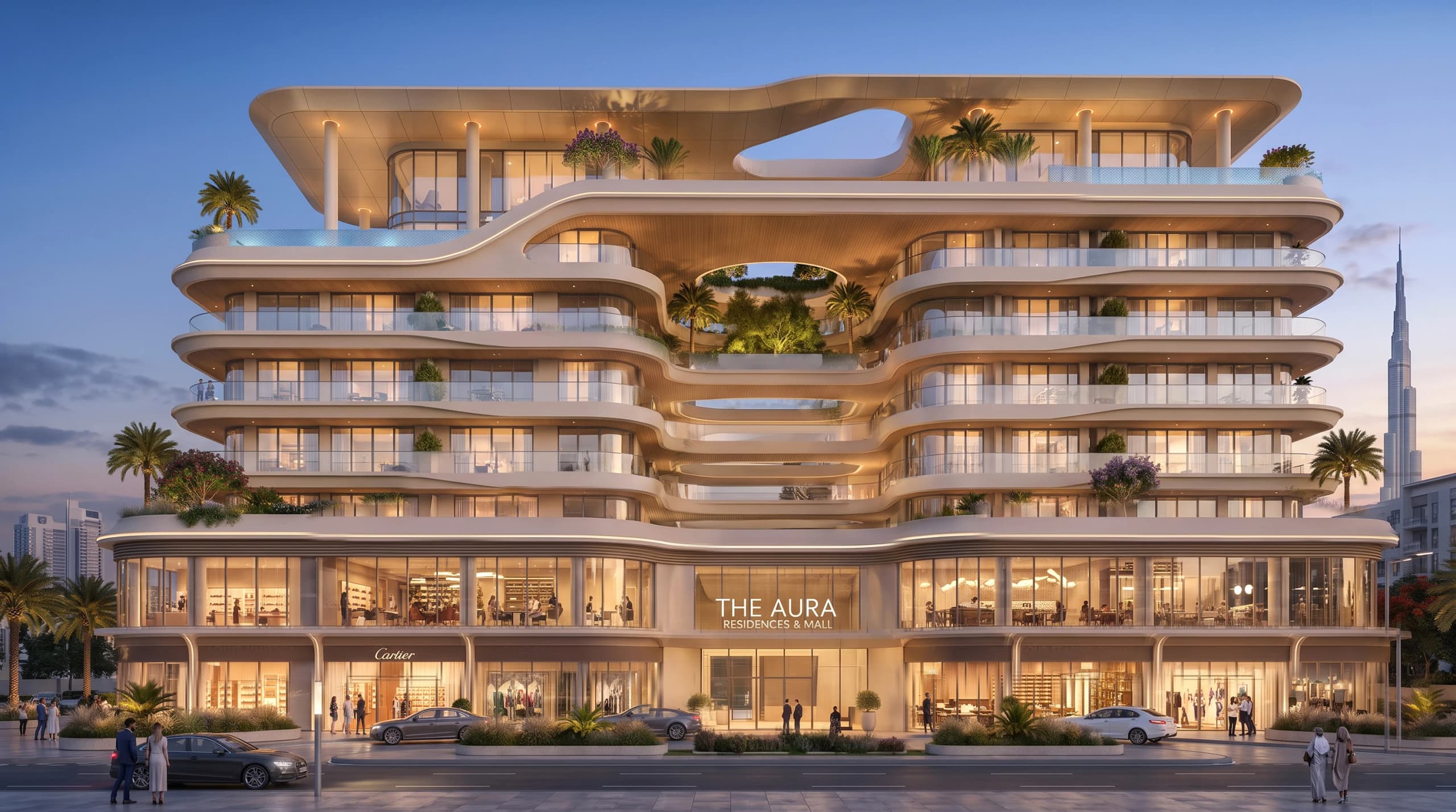Mid-Rise Building: a curved, terraced mixed-use building with a retail podium glowing at dusk, with the Burj Khalifa behind