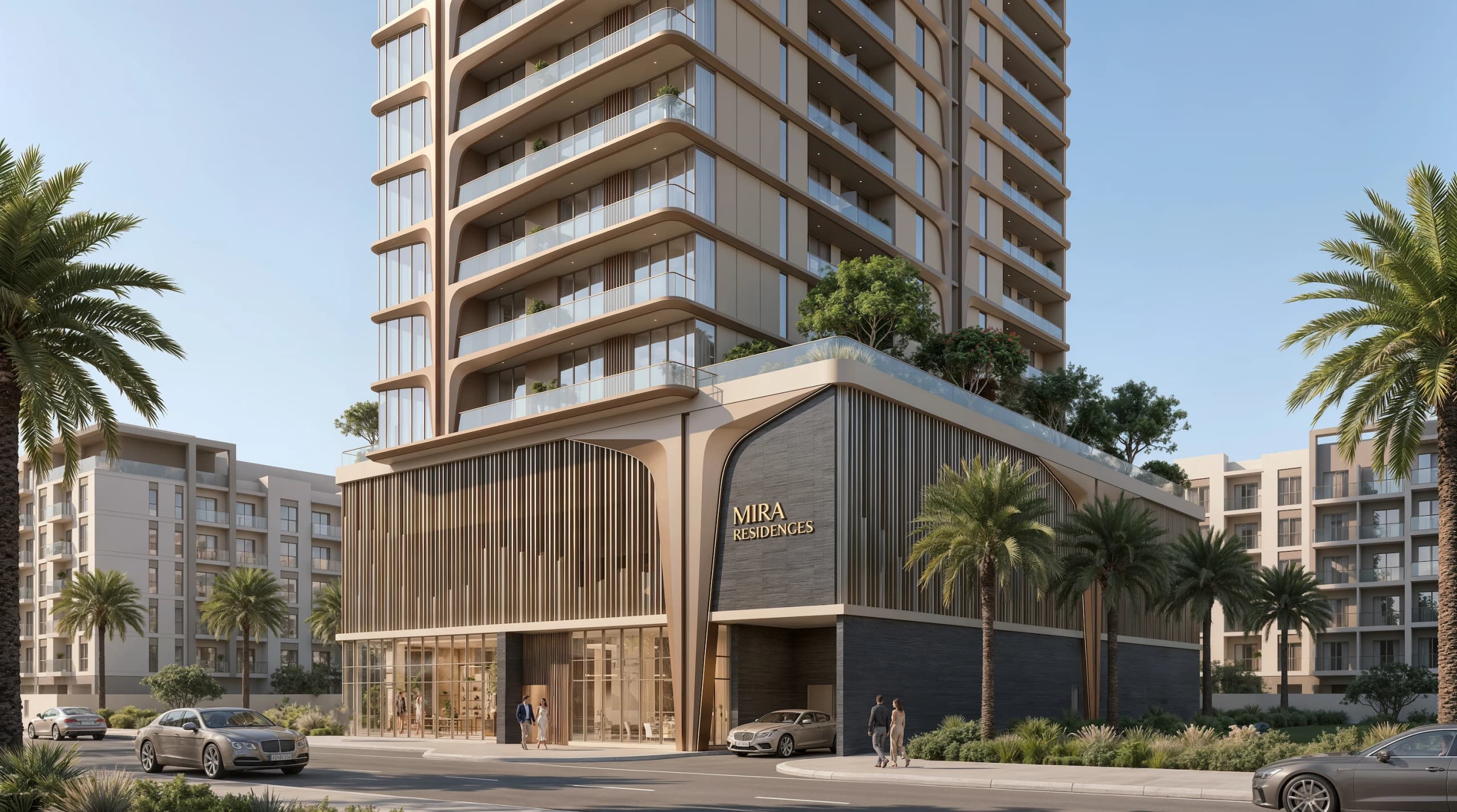 Base of the tower with a patterned timber façade, the MIRA Residences sign and low-rise buildings around it