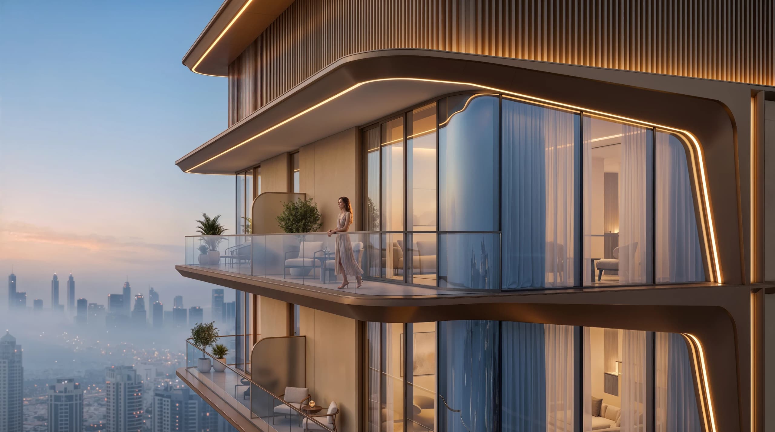 Curved balcony with a glass balustrade and a woman looking out over the hazy city skyline