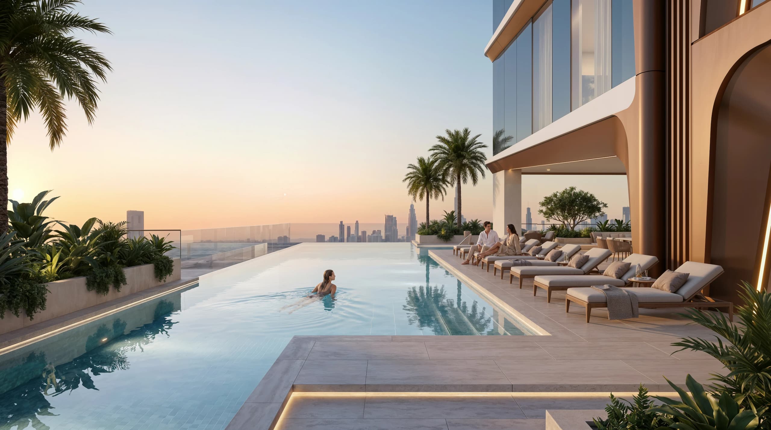 Rooftop infinity pool with sun loungers and a swimmer, overlooking the city at sunset