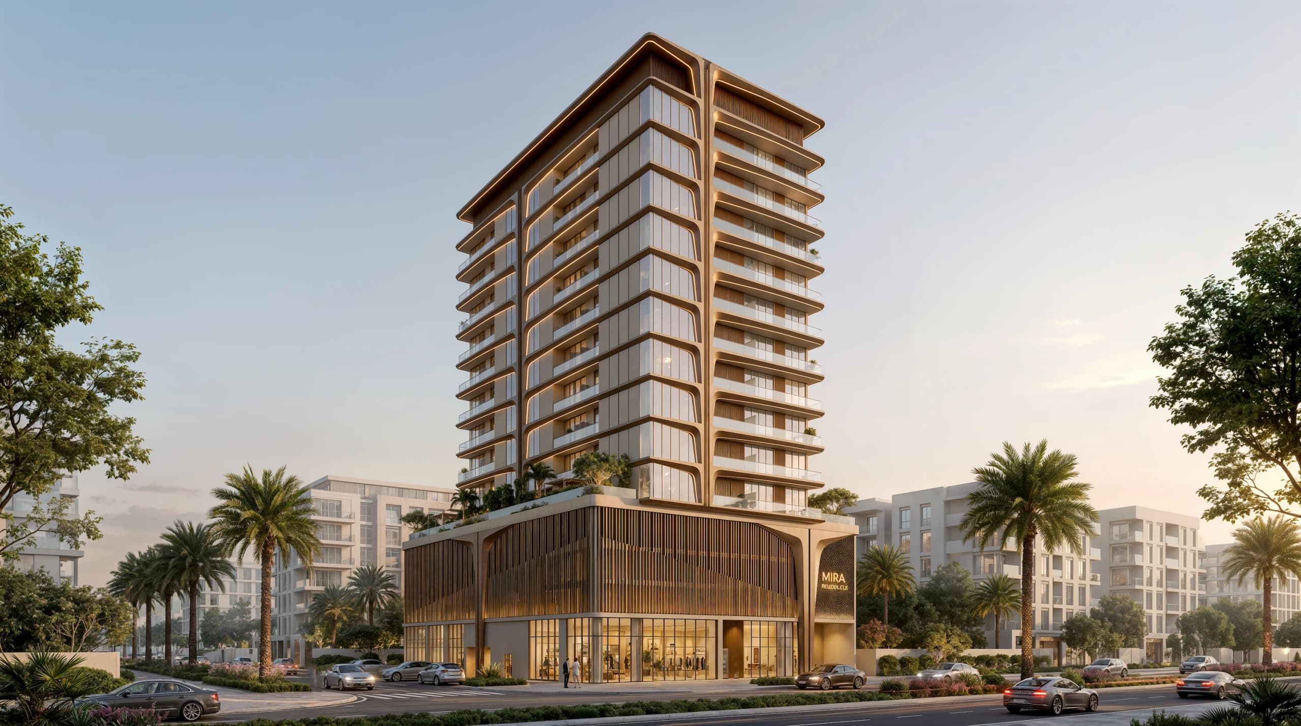 MIRA Residence: a slender residential tower with a timber-fin podium and street-level retail on a palm-lined road