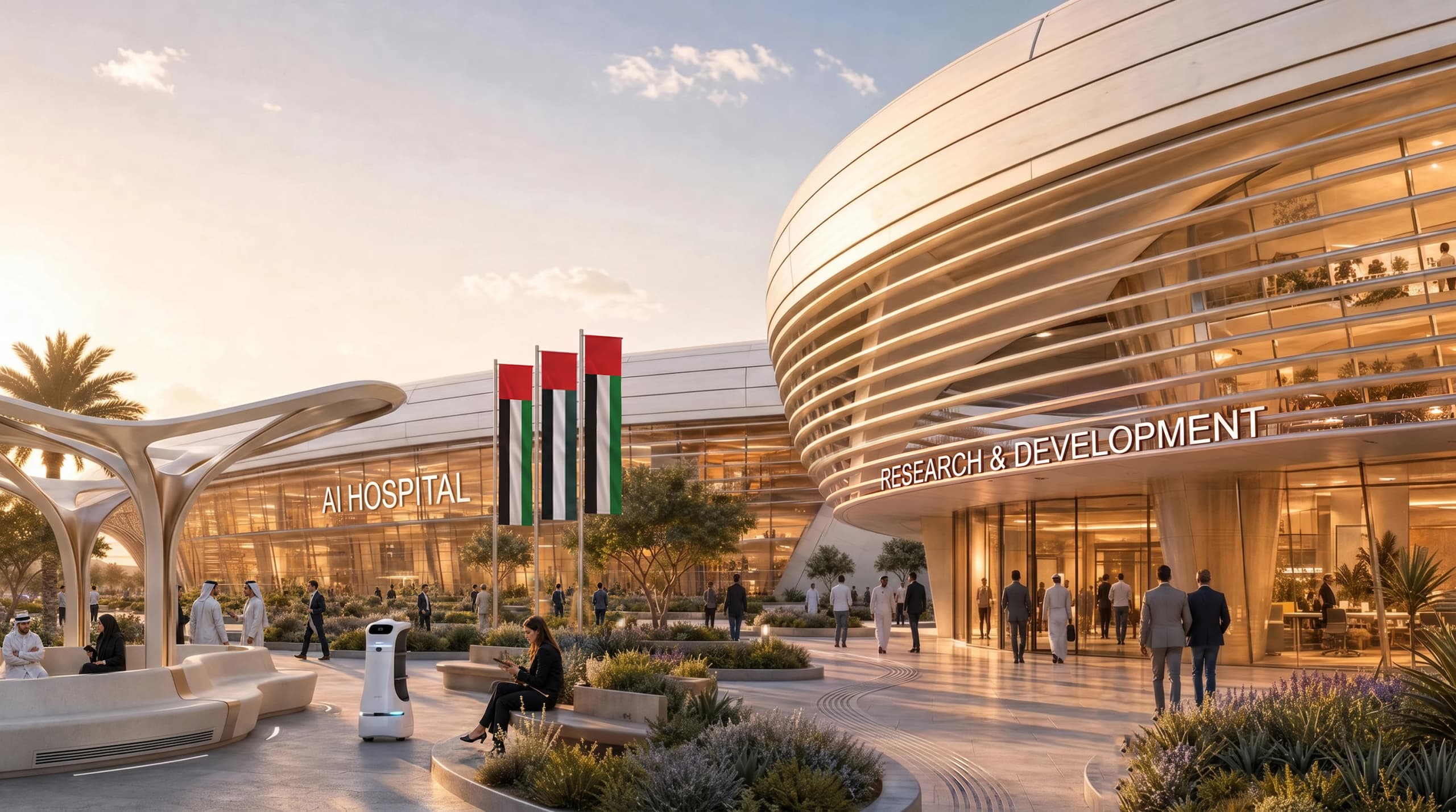 Entrance plaza between the AI hospital and the Research & Development building, with UAE flags, seating and people walking