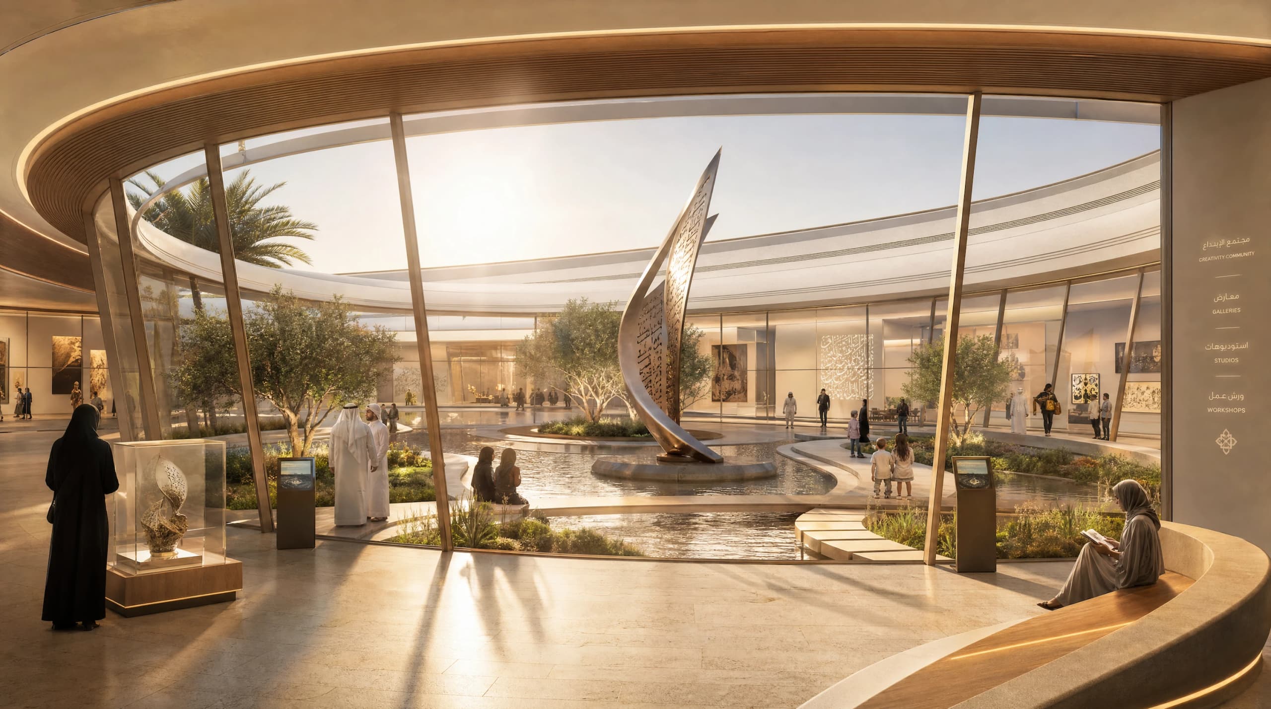 Atrium of the cultural centre with a sculpture and water feature, seen through a curved glass wall