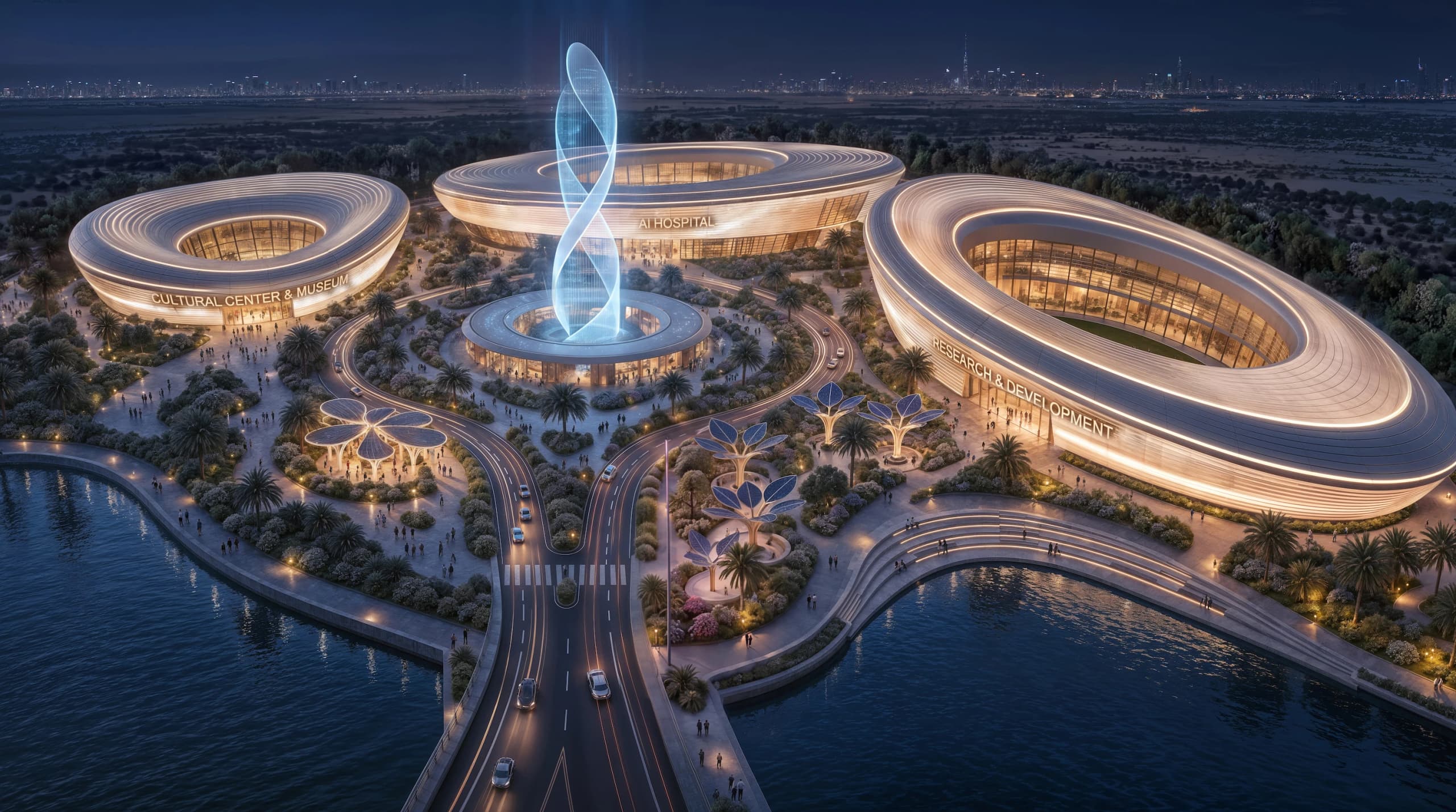 Night aerial view of the complex: a ring-shaped cultural centre, AI hospital and research and development building beside the water, around a glowing central sculpture