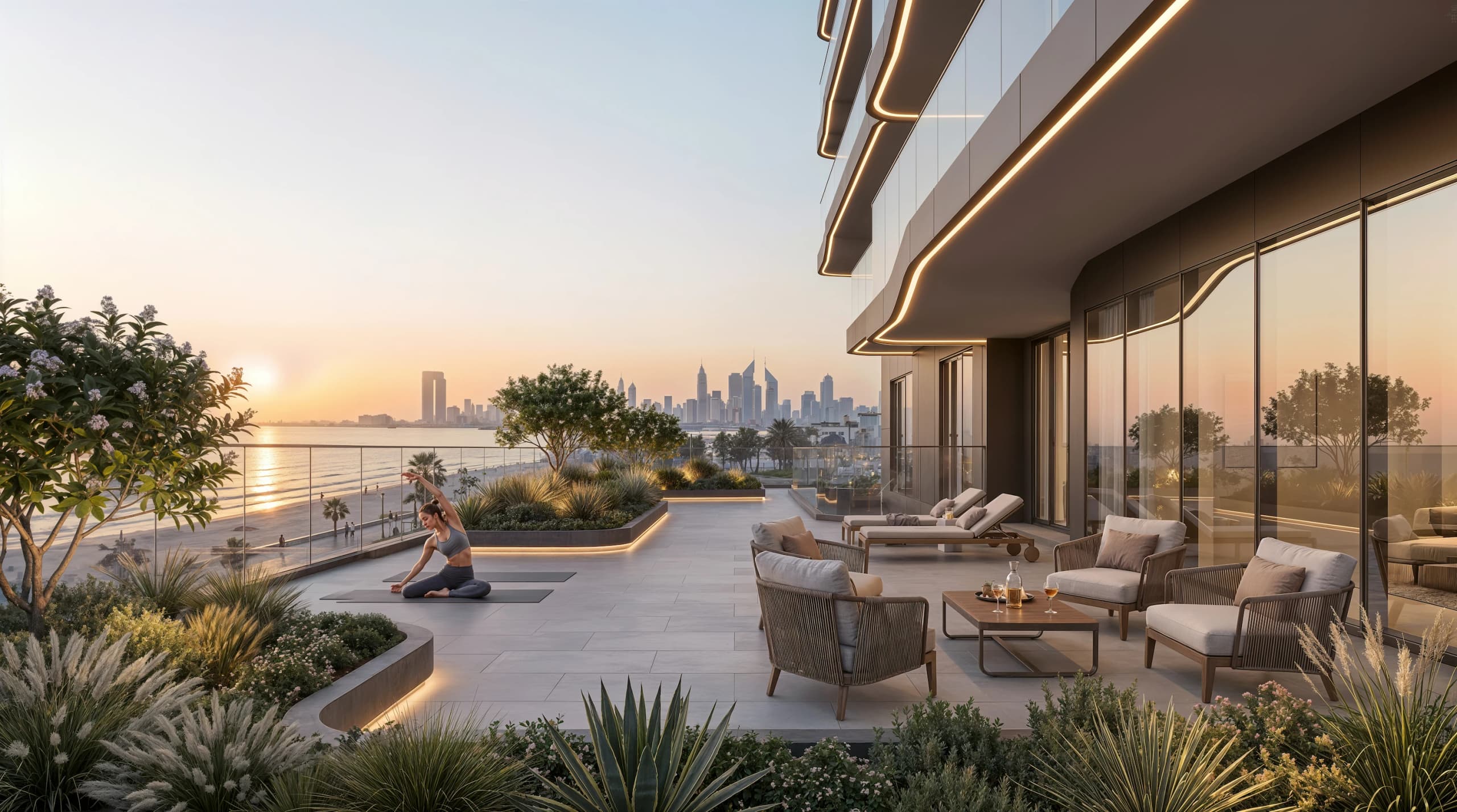 Rooftop terrace with lounge seating and a yoga mat overlooking the sea and city skyline at sunrise