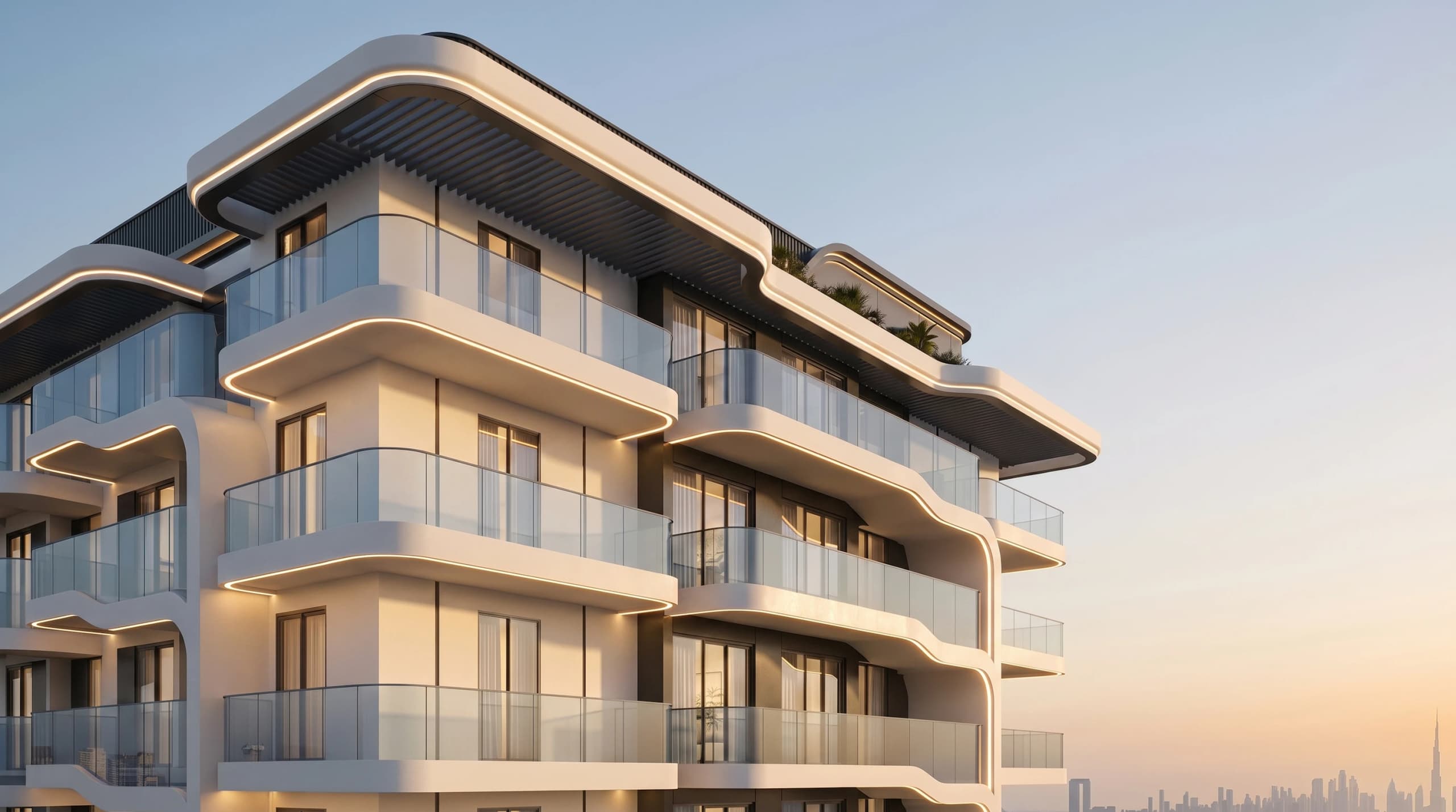 Curved white balconies with glass balustrades against a clear evening sky