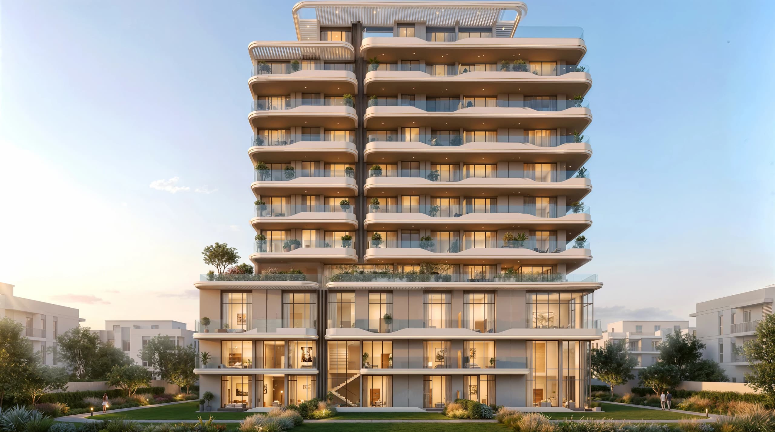 Garden-side elevation of the tower with stacked balconies above a landscaped lawn