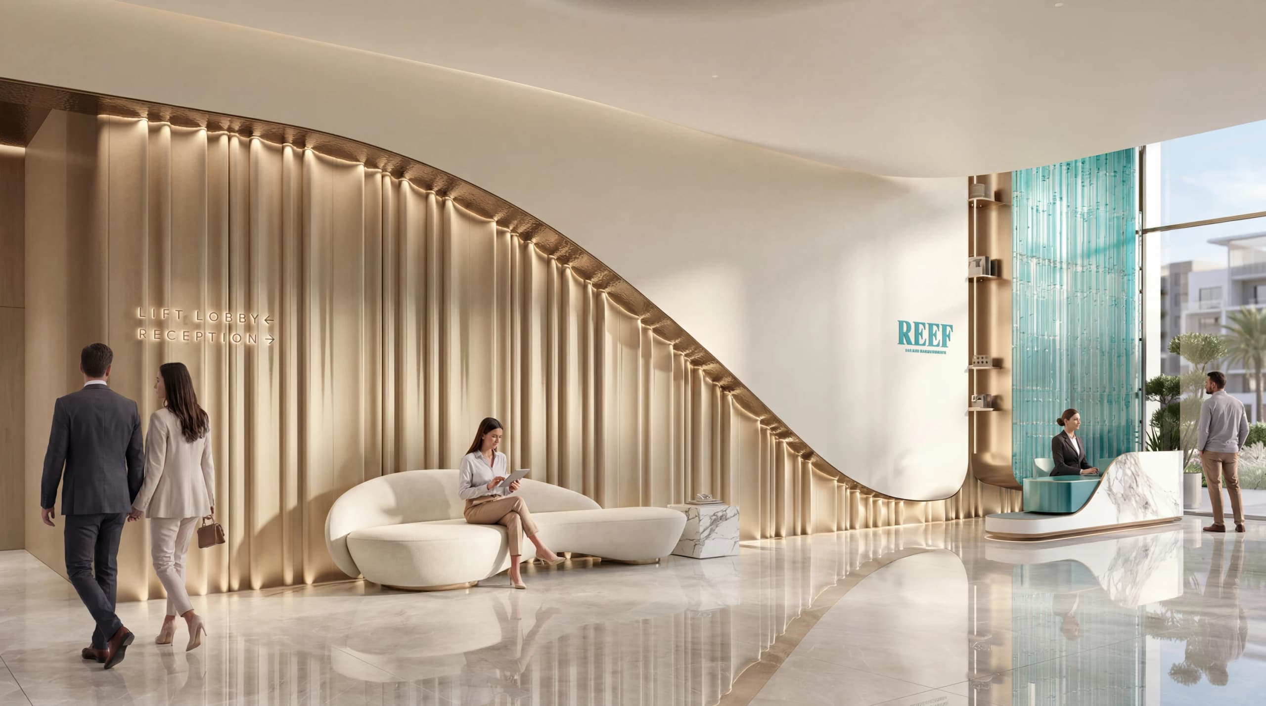 Curved timber-panelled reception lobby with lounge seating and a teal REEF feature wall