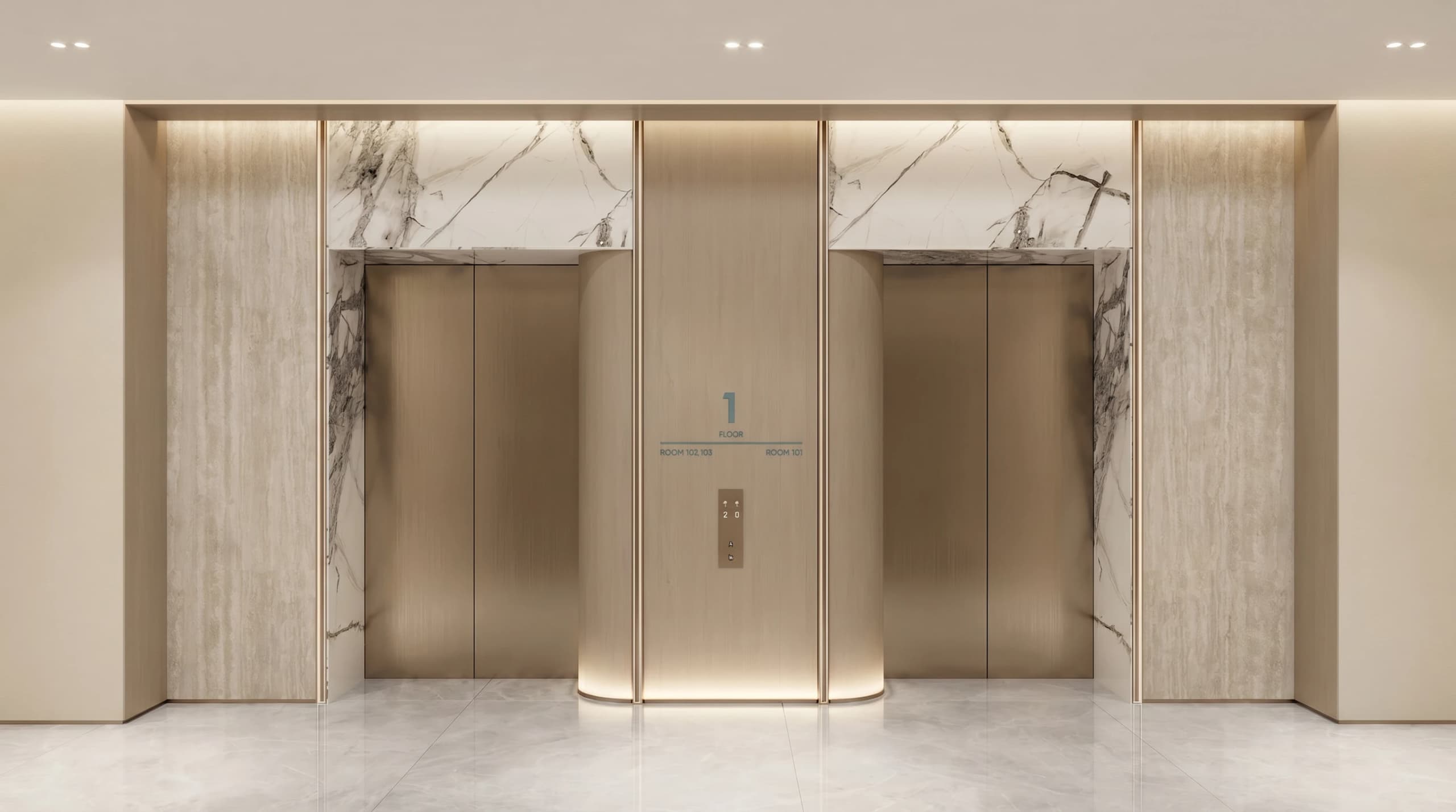 Elevator lobby with bronze lift doors framed in marble