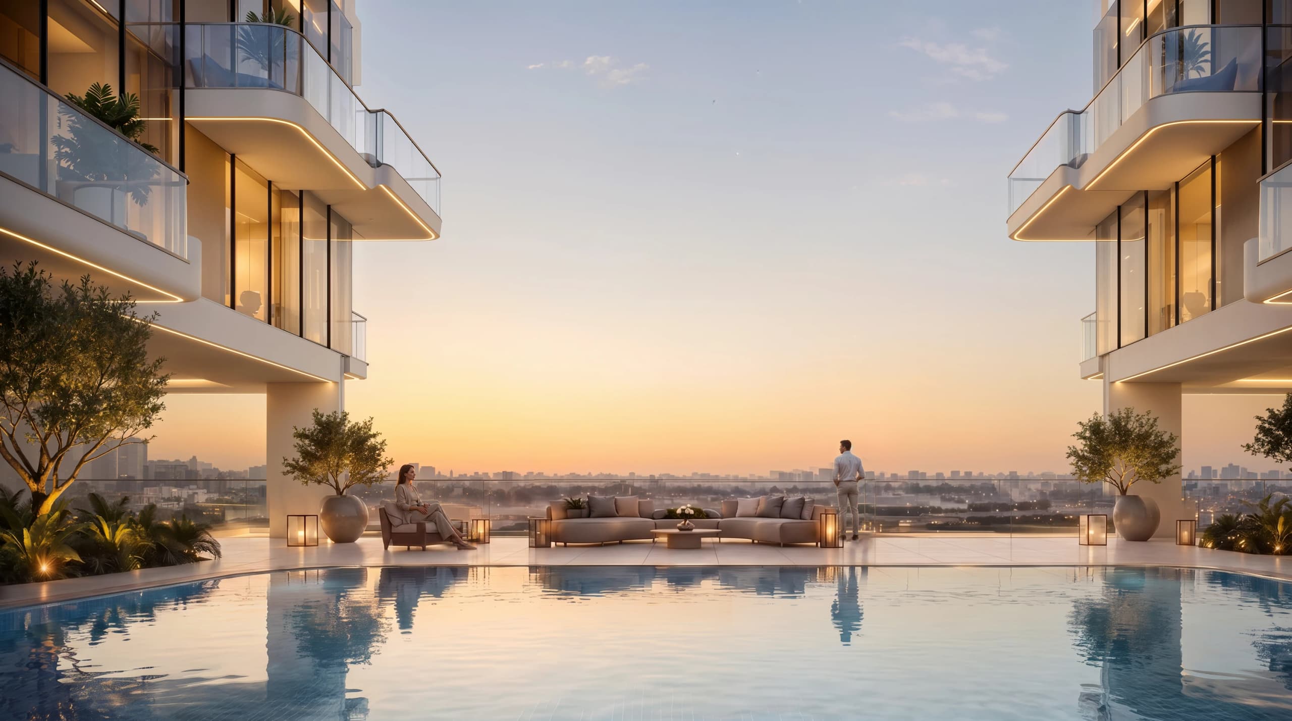 Rooftop pool deck with lounge seating and lanterns facing the sunset, framed by the building's balconies