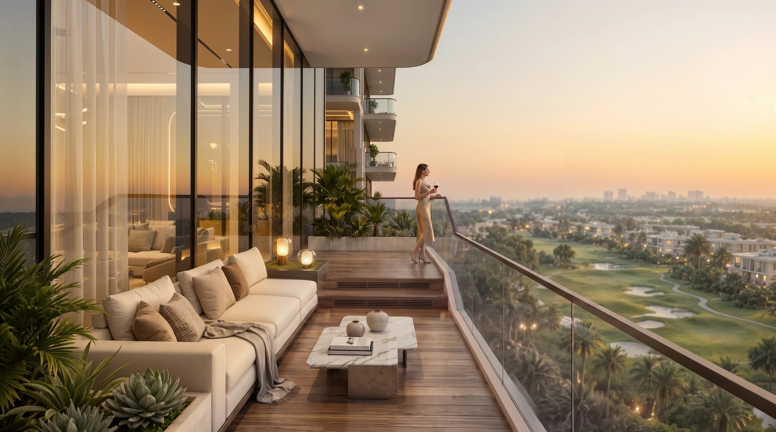 Apartment balcony with a sofa and wooden deck, a woman looking over a golf course at sunset
