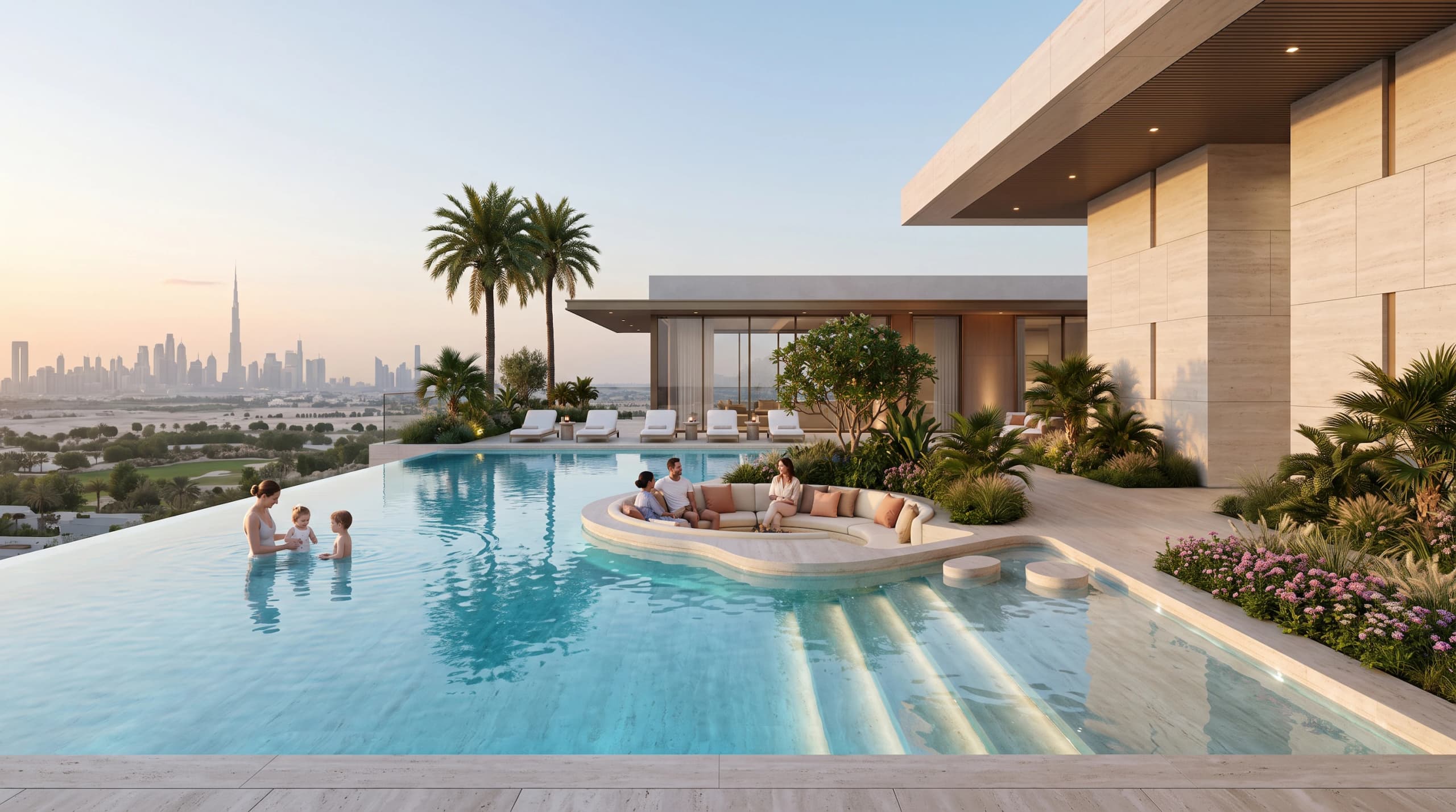Infinity pool with a sunken lounge and families bathing, with the Dubai skyline in the distance