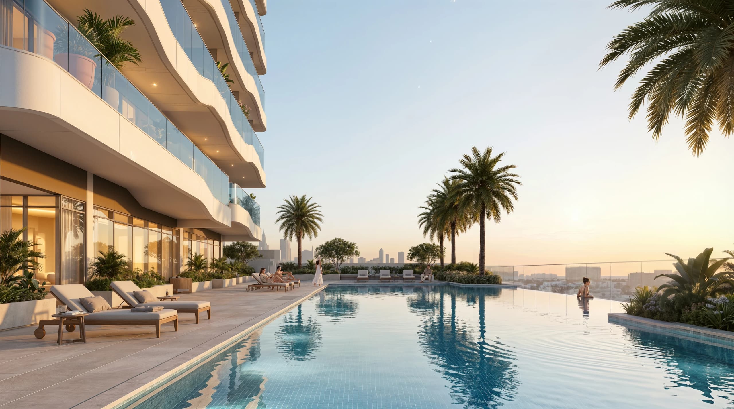 Infinity pool deck with sun loungers and palms beside the curved balconies
