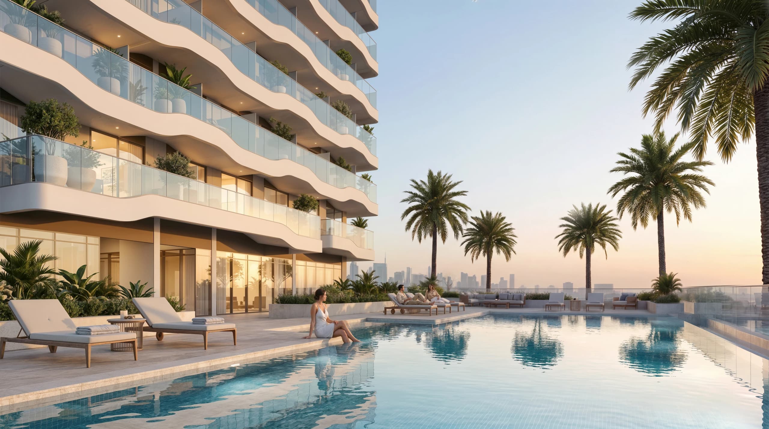 Pool terrace at sunset with sun loungers, palm trees and a woman at the water's edge