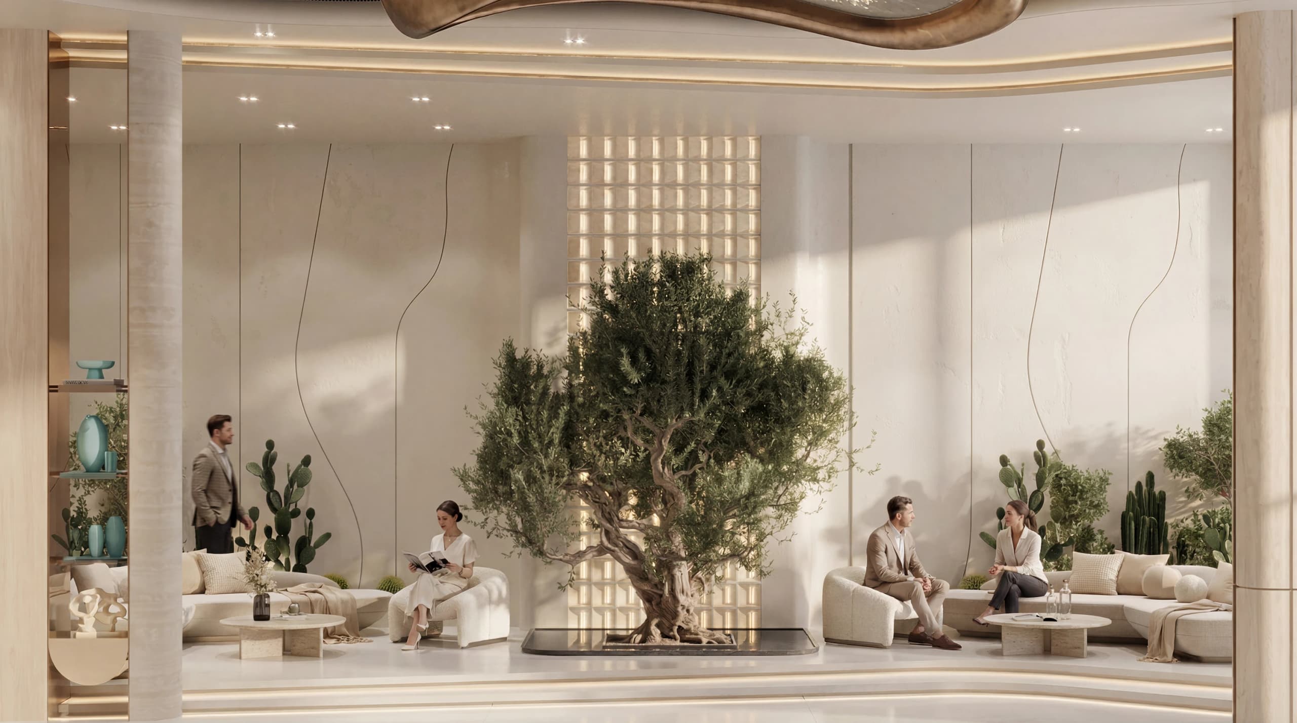 Lounge with an olive tree and soft seating, with people reading and talking