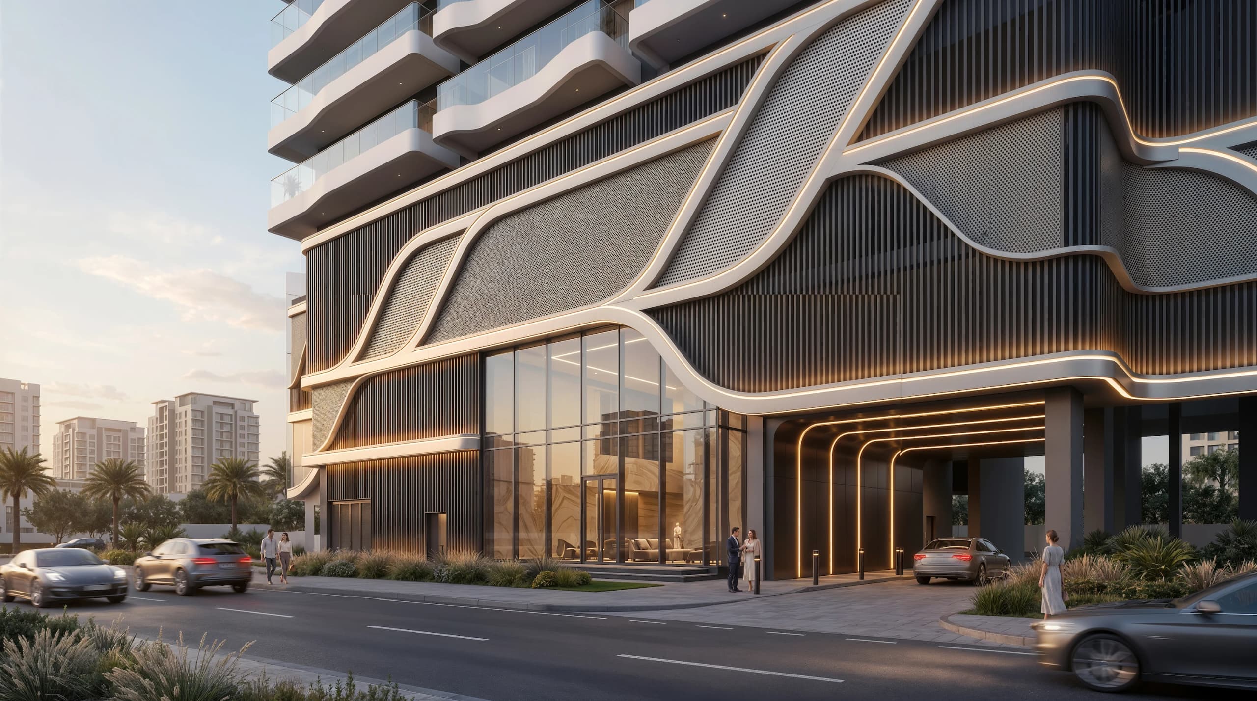 Ground-floor entrance with sculpted white bands and dark perforated cladding, lit at dusk