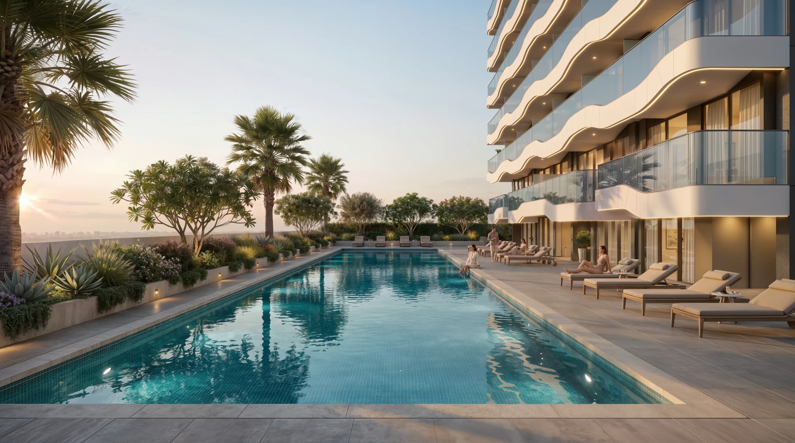 Swimming pool with sun loungers beside the building's curved balconies at sunset