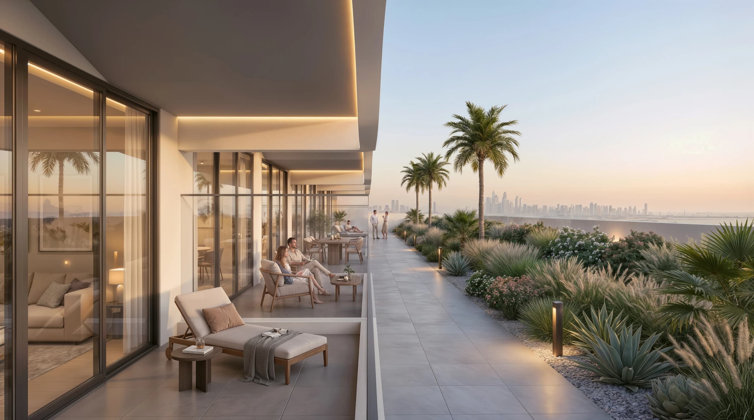 Terrace walkway with lounge chairs, planting and a view toward the skyline