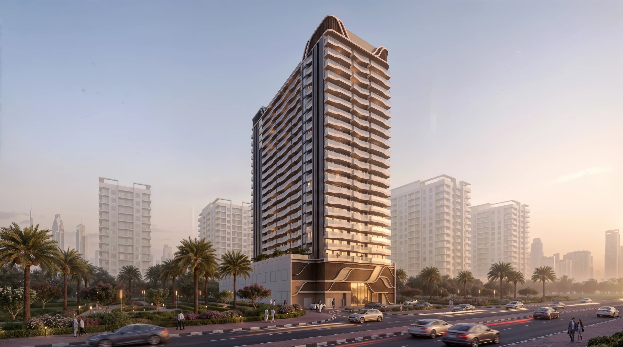 Vision II Residence: a tall balconied tower with a dark crown beside a road and other residential blocks at dusk