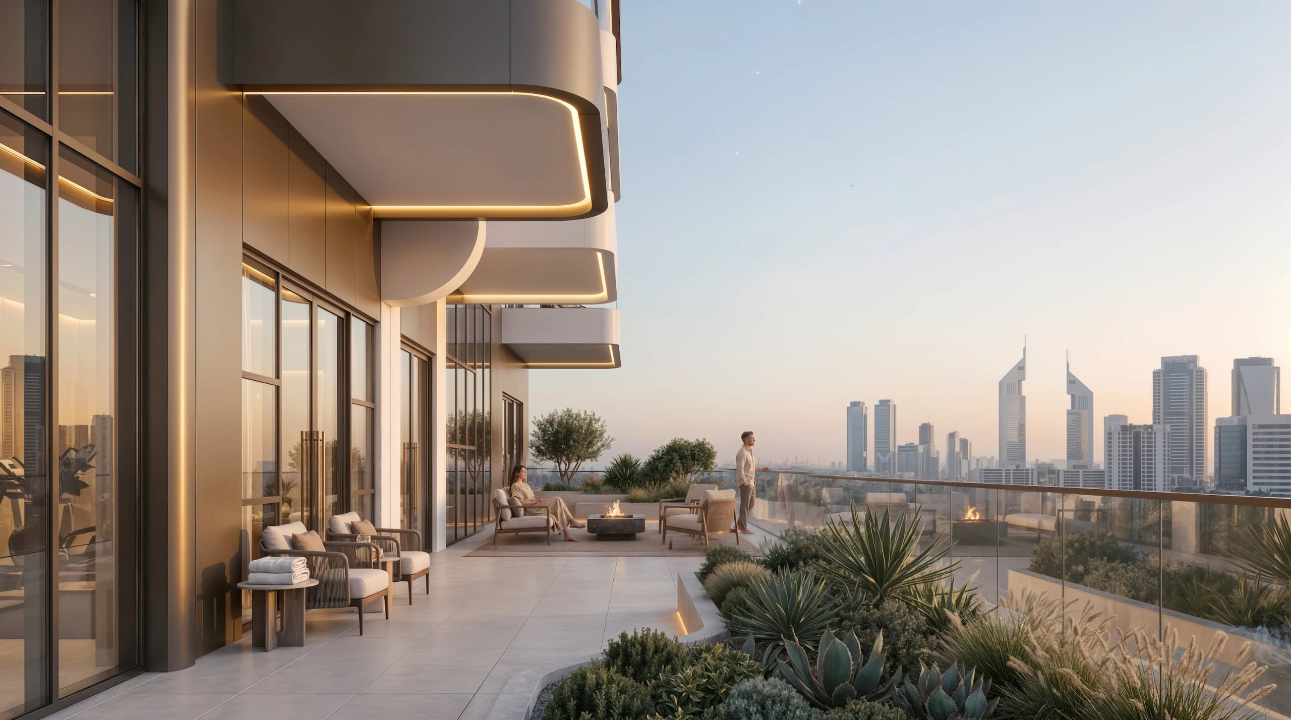 Terrace with seating, a fire pit and planting looking toward the Dubai skyline