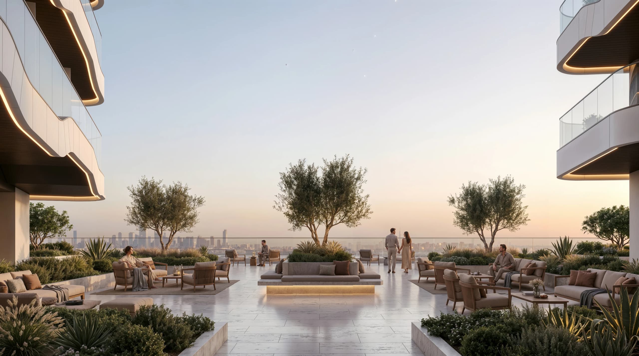 Rooftop garden terrace with olive trees and lounge seating between two building wings
