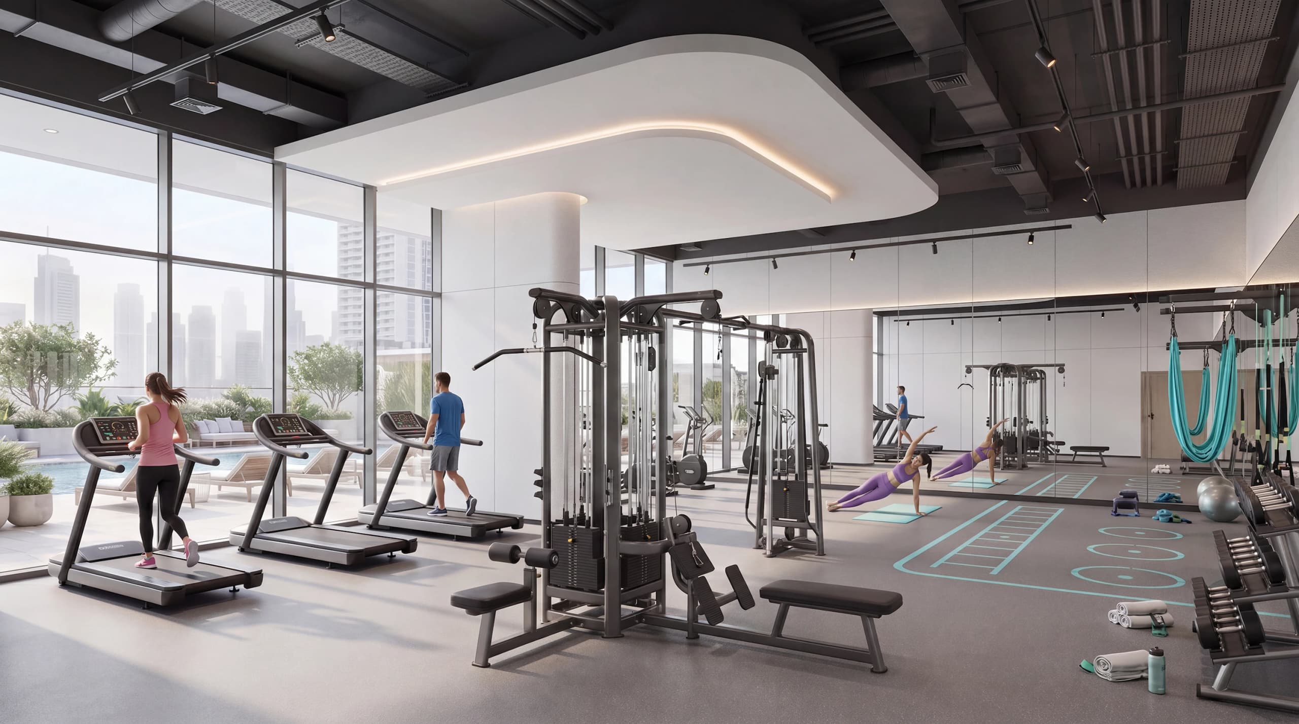 Fitness studio with treadmills, weight machines and floor-to-ceiling windows over the city