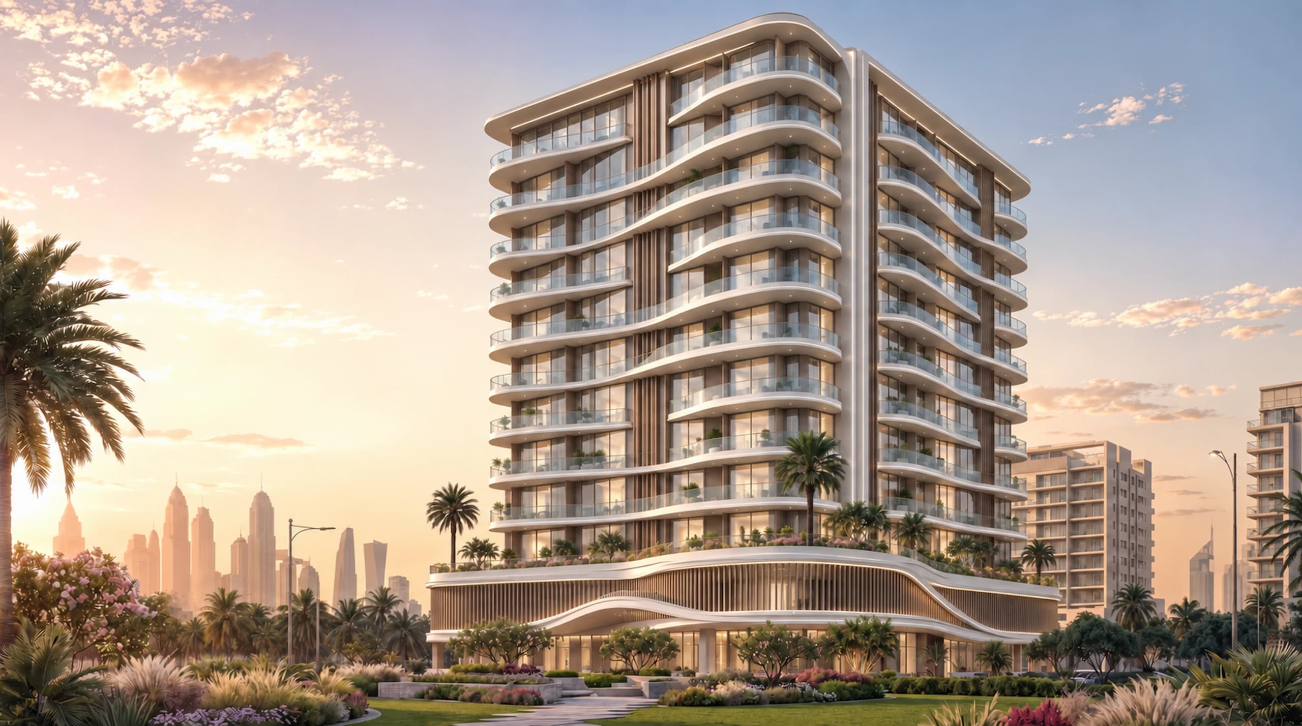 YES Grand Residences: a curved residential tower with layered balconies above a landscaped podium at sunset